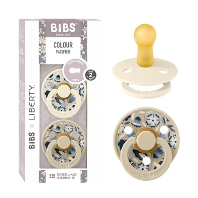 Image of BIBS Liberty Pacifier 2 Colour Natural Rubber Latex Soothers Size (6 18 Months) BPA Free Dummy Round Nipple Designed &amp; Made in Denmark Bobo Ivory Mix
