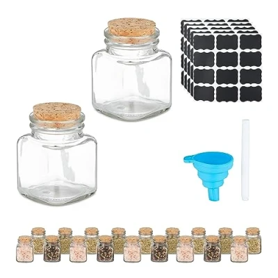 Image of Relaxdays Spice Jars, Set of 20, Glass Seasoning Containers, 100 ml, incl. Labels &amp; Cones, Cork Lid, Transparent/Natural, 7 x 5 cm