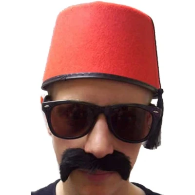 Image of FEZ SET FANCY DRESS ARABIAN MAN RED + MOUSTACHE BLACK LENS GLASSES RUSSIAN ARAB STYLE SPY