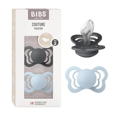 Image of BIBS Couture Soother 2 Pack, BPA Free Dummy Pacifier, Anatomical Nipple. Silicone, Size (6 18 Months), Iron/Baby Blue