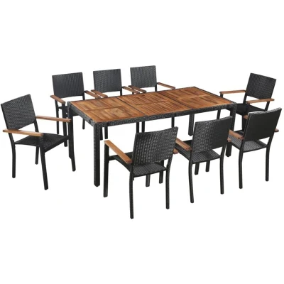 Image of vidaXL 9 Piece Outdoor Dining Set Poly Rattan and Acacia Wood Black