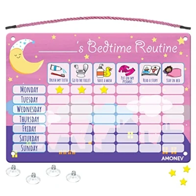 Image of Amonev Children&#039;s Magnetic Bedtime Routine Reward Chart. Sticker Reusable Wall Chart (Pink)