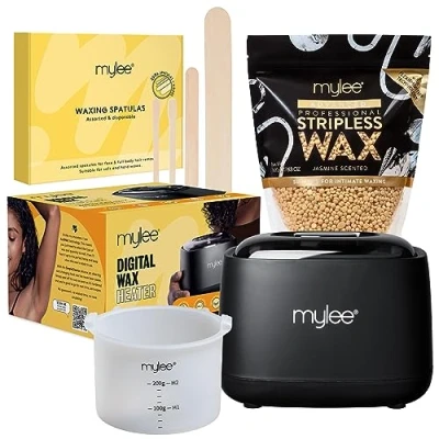 Image of Mylee Hard Wax Kit Professional Hair Removal Set with Digital Heater, Stripless Wax, Waxing Essentials, for Face, Body, Bikini, Painless, Peelable Hot (Jasmine Wax)