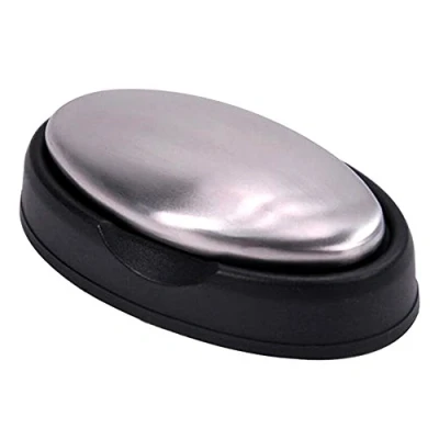 Image of TRIXES Stainless Steel Odour Eliminating Soap Strong Removal from Hands and Skin Kitchen Bathroom Bar with Black Dish Base