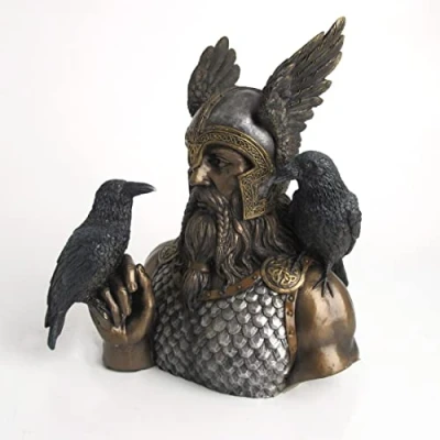 Image of Veronese Design Bronze Resin Norse God Odin Bust Home Decor Viking Raven Sculpture Pagan Statue