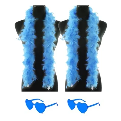 Image of db11 2 Pcs Feather Boas with Heart Rimless Sunglasses，4 ft Boa Halloween Christmas Bachelor Party Pack Accessory (Blue)