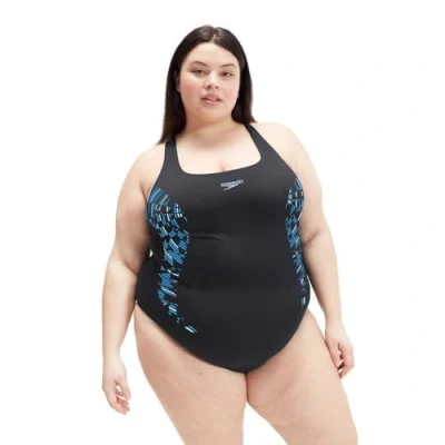 Image of Speedo Women&#039;s Plus Size Placement Medalist Swimsuit Larger Swimwear Sizes, Black/True Cobalt/Curious Blue, 46