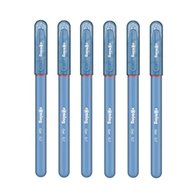 Image of rOtring Gel Rollerball Pens Medium Point 0.7mm Rubber Grip Pack of 6 Light Blue Ink Smooth Quick Drying