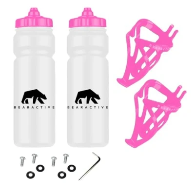 Image of Bearactive Bike Bottle Holder with 750ml BPA Free Leak Proof Bicycle Squeeze Valve Lid Lightweight Plastic Cages Screws for Road &amp; Mountain Bikes (Pink 2 Pack)
