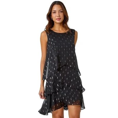 Image of Roman Originals Chiffon Dress for Women UK Ladies Swing Layered Frilled Tiered Mini Short Length 20s Special Occasion Event Cocktail Party Evening Going Out Black Size 18