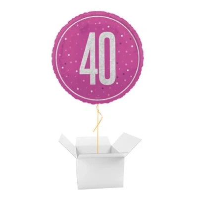 Image of Hot Pink Glitz Age 40 Holographic Round Foil Helium Balloon Inflated in a Box