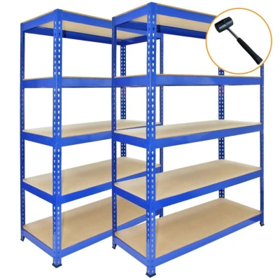 Image of 3 x Q Rax Blue Metal Racking Units 120 50 180cm 5 tier storage bay garage and warehouse FREE Rubber Mallet