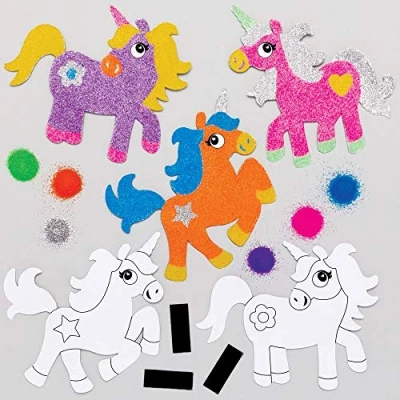 Image of Baker Ross AT724 Unicorn Sand Art Magnet Kits, for Kids Arts and Crafts Projects (Pack of 6), Assorted, Blue,Green,Orange,Pink,Purple