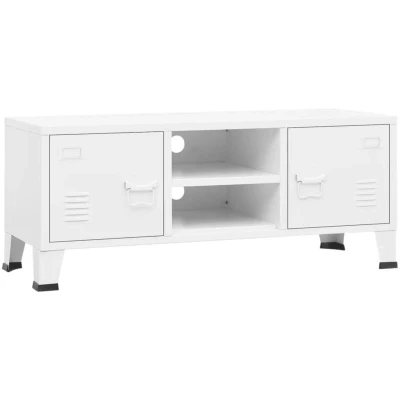 Image of vidaXL Industrial TV Cabinet Size: 105x35x42 cm, Sturdy Metal Construction, White With Doors, Shelf, and Cable Organizer for Living Room or Bedroom