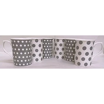 Image of Rainbow Decors Grey Dots &amp; Spots Mugs Set of 6 Fine Bone China Castle Cups Hand Decorated in UK