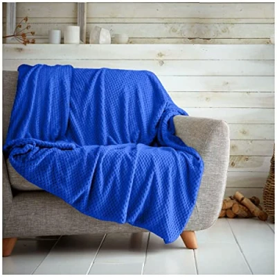 Image of GC GAVENO CAVAILIA Popcorn Honey Comb Sofa Bed Blanket, Fluffy Lightweight Throw Blankets, Cosy Warm Settee Waffle Over, Electric Blue, 150X200