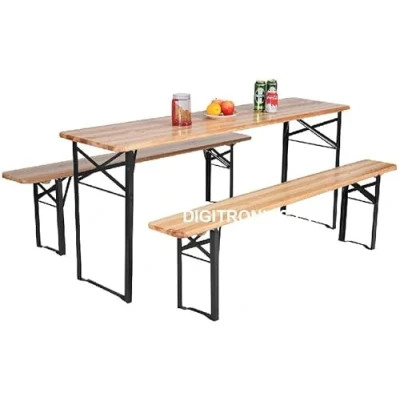 Image of FEFE® Large 3 Piece Wooden Folding Picnic Beer Table Bench Trestle Patio Outdoor Garden Pub Camping Portable furniture Dining Set BBQ Stools