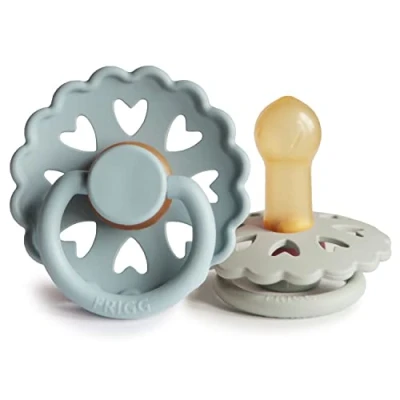 Image of FRIGG Fairytale Latex Pacifier Pack of 2 Natural Rubber Soother Dummy BPA Free Made in Denmark Symmetrical Cherry Shaped Nipple (Stone Blue/Willow Gray, Size (6 18 Months))