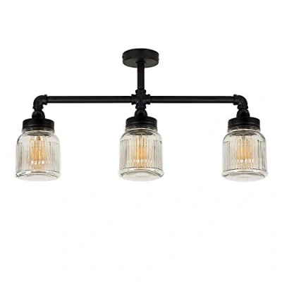 Image of MiniSun Industrial Steampunk Style Satin Black 3 Way Bar Pipework Ceiling Light with Clear Glass Ribbed Pattern Design Jar Shades Complete 4w LED Filament Bulbs [2700K Warm White]