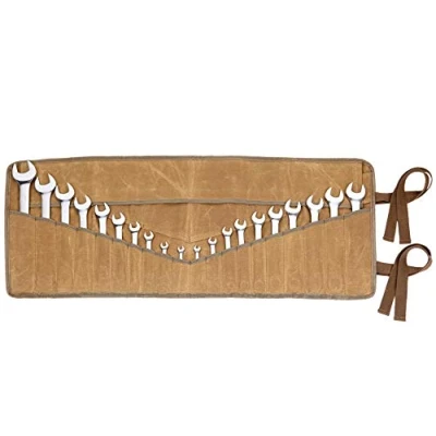 Image of 20+4 Pockets Roll Up Pouch, Hand Tool Bag, Durable 16OZ Waxed Canvas Wrench for Metric or SAE (Khaki)
