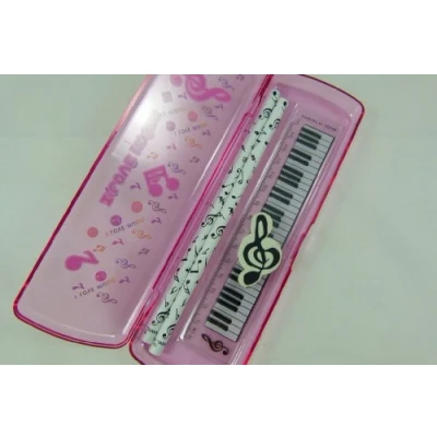 Image of Music Themed Pink Pencil Case Stationery Set 15cm Ruler, Eraser and 2 Pencils