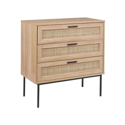 Image of Beliani Rattan 3 Drawer Chest Wicker Front Particle Board Metal Frame Legs Boho Style Cabinet Living Room Light Wood Pasco