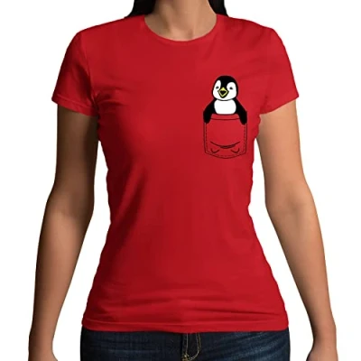 Image of Womens Penguin Cute Animal Pocket Print T Shirt Red UK 14 16 (XXL)