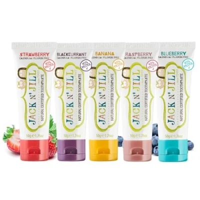 Image of Jack N&#039; Jill Kids Natural Toothpaste, Fluoride Free Helps Soothe Gums and Fight Tooth Decay, Toothpaste for Baby, Toddler Children 6 Months Plus Mixed Fruit Basket Bundle 5 x 50g