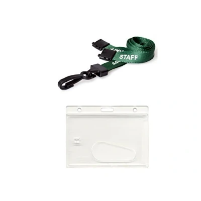 Image of ID Card It Holder Enclosed &amp; Staff Neck Strap Lanyard (Green)