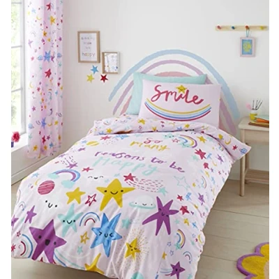 Image of Catherine Lansfield Happy Stars Easy Care Double Duvet Set Pink