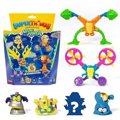 Image of SuperThings Neon Power Series, Pack of 6. Includes 4 (1 Silver Captain) and 2 Exoskeletons. 6