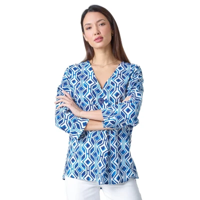 Image of Roman Geometric Pleated Button Detail Top for Women UK Ladies Spring Everyday Summer Holiday V Neckline Comfy 3/4 Sleeve Soft Lightweight Shirt Vacation Beach Blouses Blue Size 10