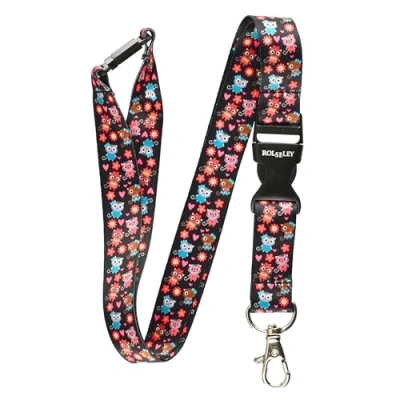 Image of Rolseley Lanyard Neck Strap Black with Roses Pattern Metal Lobster Claw Clip and Safety Breakaway for ID Passes Everyday Use at Office, School, Events