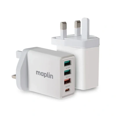 Image of Maplin 4 Port USB Wall Charger 3x A 2 1x C PD QC 3.0 32W High Speed Charging