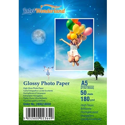 Image of 50 Sheets 180 GSM High Gloss A5 (148 mm x 210 mm) Photo Paper for Inkjet Printers Glossy LW (A5 Sheets)
