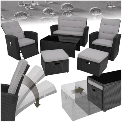 Image of TecTake® Rattan Garden Lounge Set, Aluminium Frame with 2 seater sofa, Adjustable Armchairs, Stools and 1 Table Removable Glass Top, Water Repellent Seating Pads, Easy Clean black