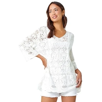 Image of Roman Cotton Crochet Tunic for Women UK Ladies Lace Top Blouse Crinkle Embroidered Eyelet Broderie Anglaise Spring Summer Beach Holiday Cool Loose Jumper Cover Up White Size 14