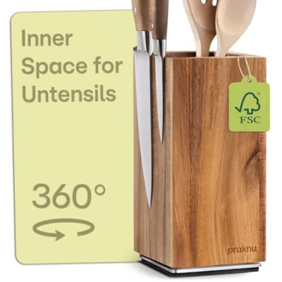 Image of Praknu Magnetic Knife Block 360 Rotatable Without Knives FSC® Acacia Wood with Space for Kitchen Utensils Strong Magnet on Both Sides Non Slip