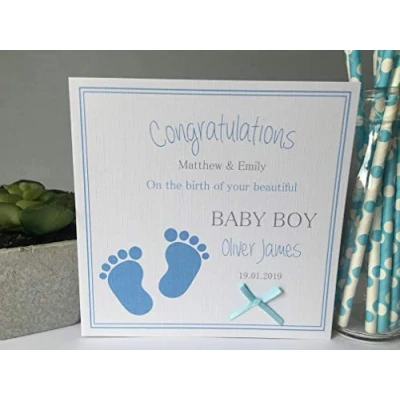 Image of Personalised Handmade Congratulations on New Baby Boy Card Footprints
