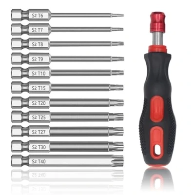 Image of Torx Bit Set, 100mm Screwdriver Sets 11pcs T6 T40 Security Set with Magnetic Handle 1/4 Inch S2 Steel Star Screwdrivers Drill Bits Tool