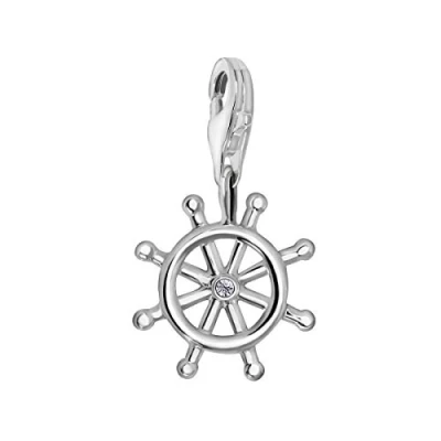 Image of Quiges 925 Sterling Silver White Cubic Zirconia 3D Ship Wheel Lobster Clasp Charm Clip on Pendant