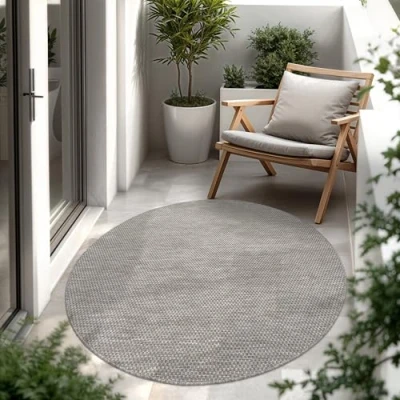Image of Paco Home Indoor &amp; Outdoor Rug Kitchen Monochrome Mottled Pattern, Size:Ø 120 cm round, Colour:Coffee