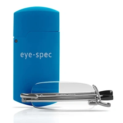 Image of eye spec Folding Reading Glasses with Compact Blue Case Mens/Ladies Stylish Rimless Fold Up Design Available in 7 Colours, 9 Lens Strengths (+1.0)