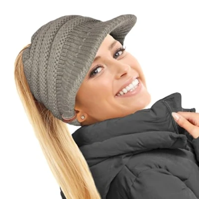 Image of TOSKATOK Ladies Slouchy Peaked Ponytail Messy Bun Knitted Beanie Hat Cap Grey