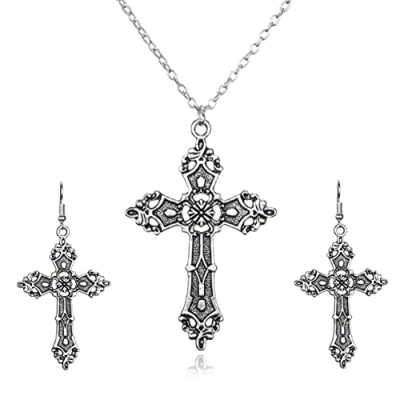 Image of Cross Necklace Earrings Set Vintage Punk Crucifix Pendant Chain Gothic Religious Christian Jewelry for Women Girls Teens