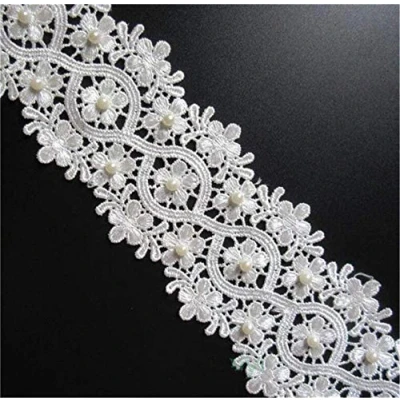 Image of 1 Yard Polyester Pearl Lace Edge Trim Ribbon 8.2 cm Width Vintage Style Off White Edging Trimmings Fabric Embroidered Applique Sewing Craft Wedding Bridal Dress Embellishment DIY Clothes Embroidery