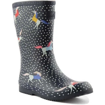 Image of Joules Girl&#039;s Jnr Roll Up Mid Calf Boot, Navy Spotty Horses, 10 UK
