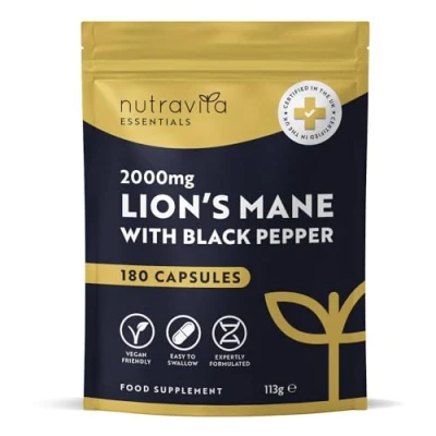 Image of Nutravita Lions Mane Mushroom Extract Supplement 2000mg 180 High Strength Vegan Capsules with Black Pepper (Not Lionsmane Tablets or Powder) Made in The UK
