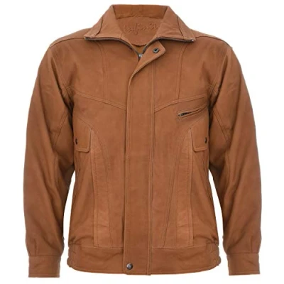 Image of Men&#039;s Tan Leather Jacket Classic Buffalo Suede Harrington Tailored Bomber 5XL