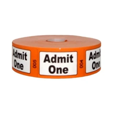Image of Roll Tickets Admit One Printed Orange Sequentially Numbered (1)